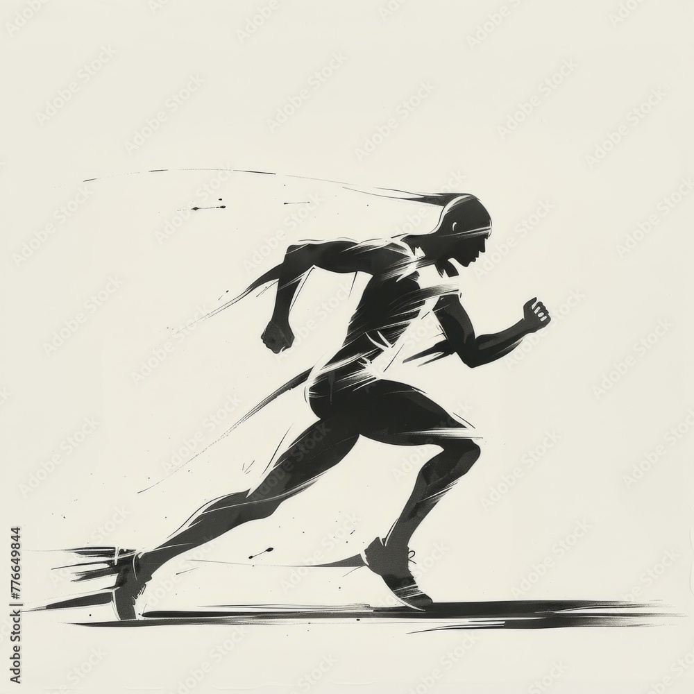 Monochrome ink drawing of a running athlete - Artistic black and white ink rendering of an athlete in motion, emphasizing movement and strength Monochrome ink drawing of a running athlete - Artistic black and white ink rendering of an athlete in motion, emphasizing movement and strength