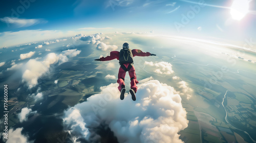 A skydiver dress in colorful gear descends rapidly from the sky. The exhilarating experience of skydiving. Generative AI.