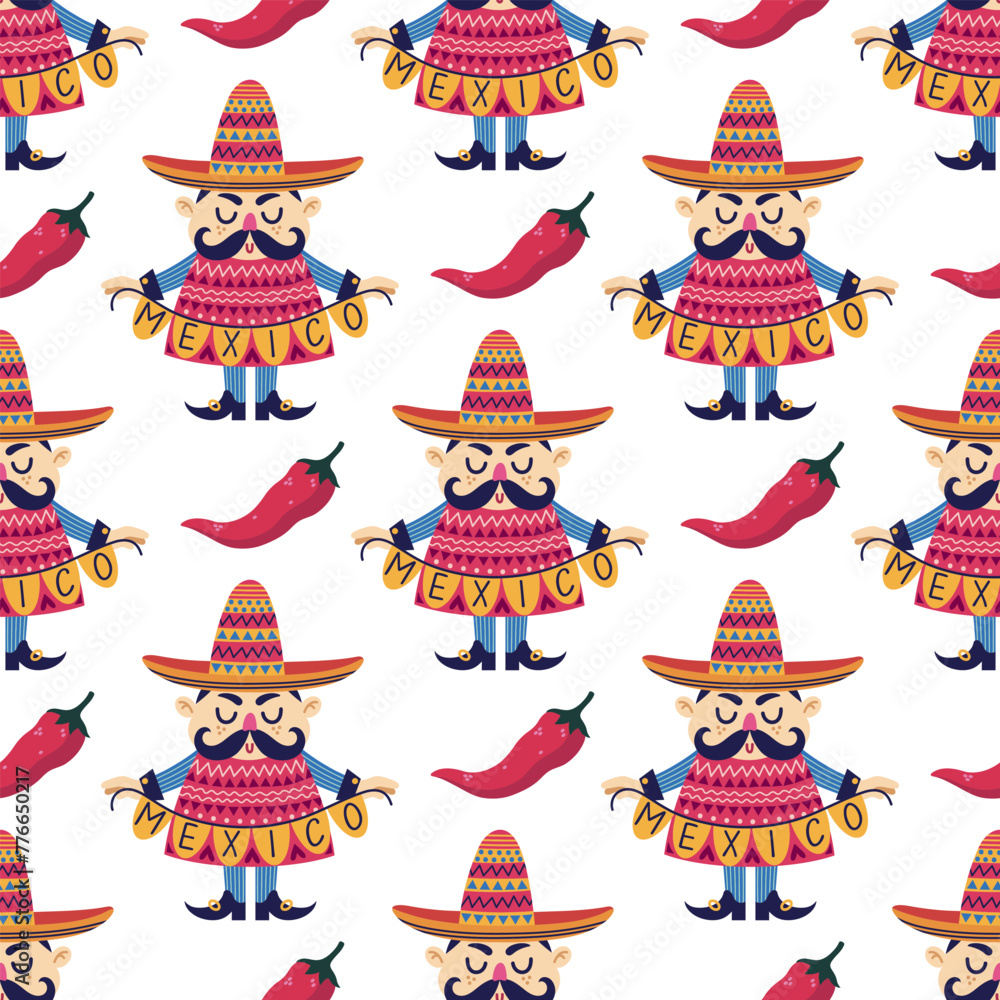 Mexico seamless vector pattern. A funny man with a mustache, in a sombrero and poncho holds a garland. Hot jalapeno pepper, national food. Celebrating Cinco de Mayo, carnival. Cartoon background