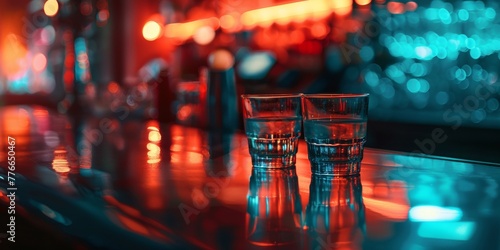 Two small clear shot glasses are seen resting on top of a wooden bar counter. The glasses appear empty and are positioned next to each other.