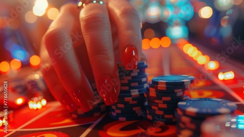 A close-up view of a womans hand elegantly adorned with a red manicure, delicately holding a stack of colorful casino chips. 