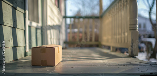 A brown cardboard box is propped up on the side of a brick building, with a slightly tilted angle. It appears to be discarded or left behind.
