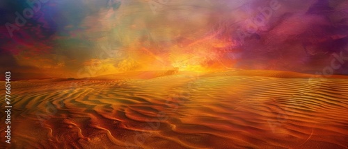 A vibrant sunset over a golden sand desert creating a stunning contrast of colors and textures