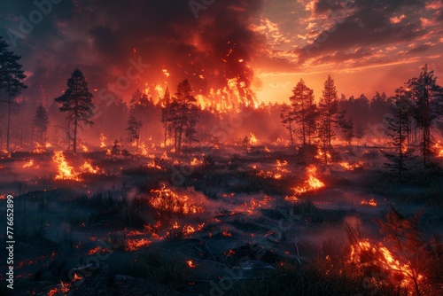 A forest fire is raging in a field  with trees and brush on fire