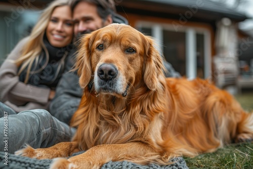 The dog is a beloved family pet. Background with selective focus and copy space