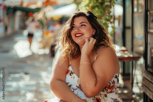 A woman in a floral dress is sitting on a sidewalk, smiling