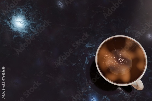 Top down view of 3d rendered coffee cup reflecting starry sky