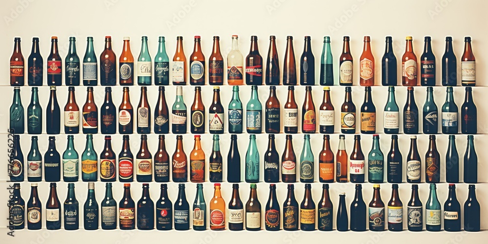 Assorted retro-style beer bottles lined up on a wooden surface