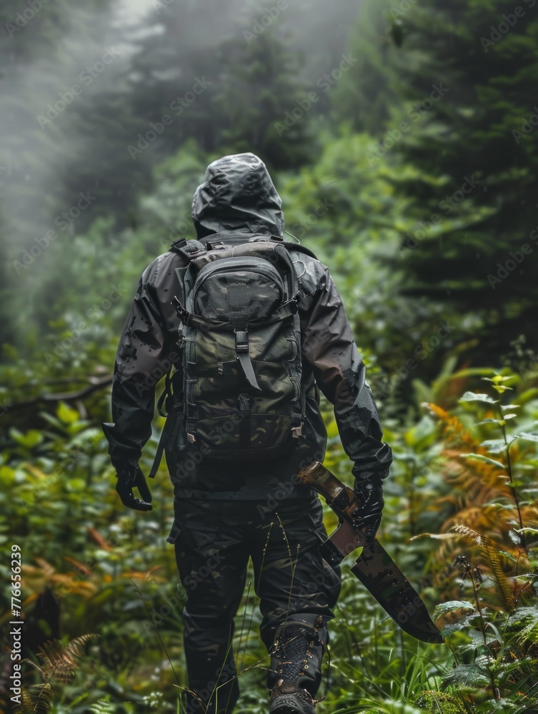 Man standing in a foggy forest with backpack and blade - Mysterious shot of a man dressed in outdoor gear facing a foggy forest armed with a backpack and blade, evoking adventure and survival