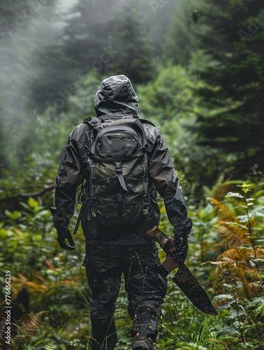 Man standing in a foggy forest with backpack and blade - Mysterious shot of a man dressed in outdoor gear facing a foggy forest armed with a backpack and blade  evoking adventure and survival