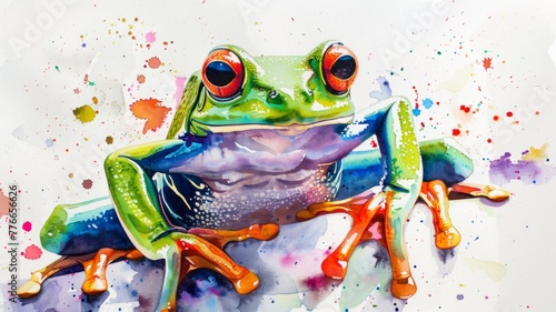 Vivid watercolor rendition of a red-eyed frog - This striking watercolor painting showcases a red-eyed tree frog, bringing its vivid colors and textures to life