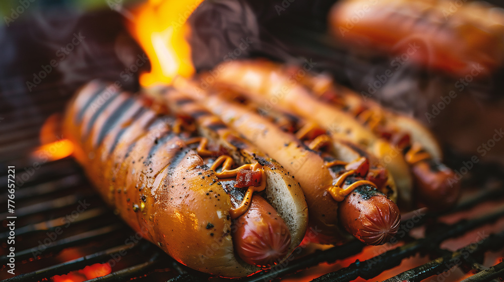 Grilled sausages on the grill with flames in the background Grilled sausages on the grill with flames in the background
