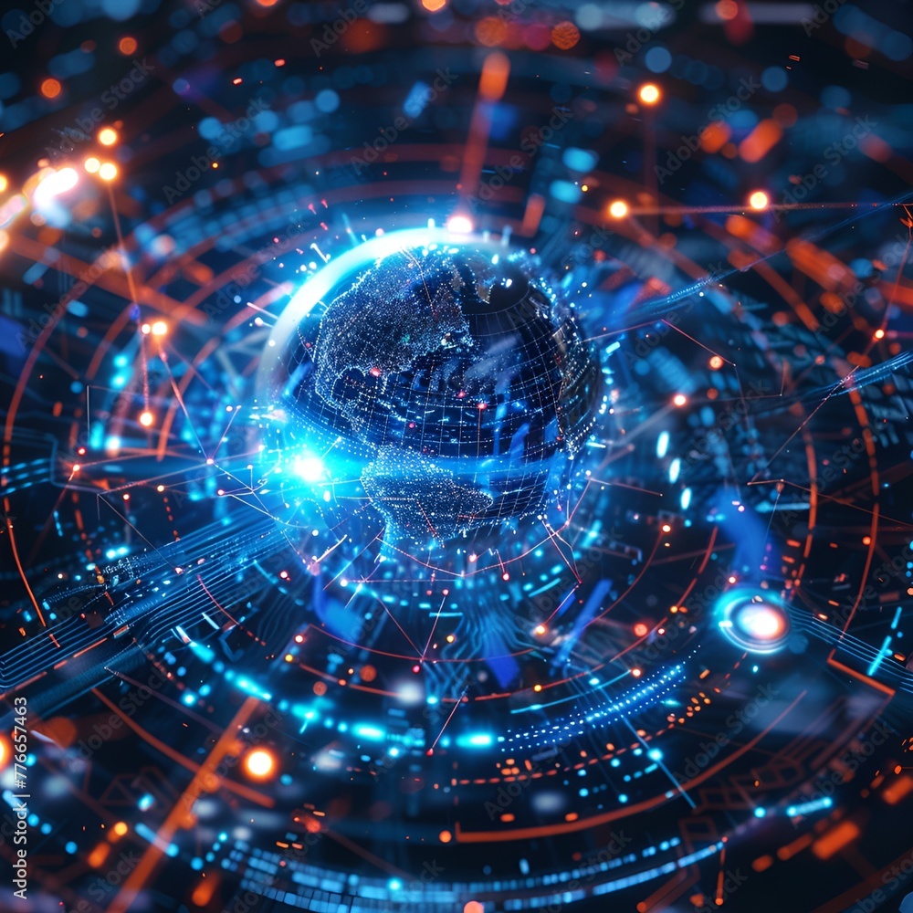 Obraz premium Global Connectivity: Glowing Holographic Globe and Digital Infrastructure