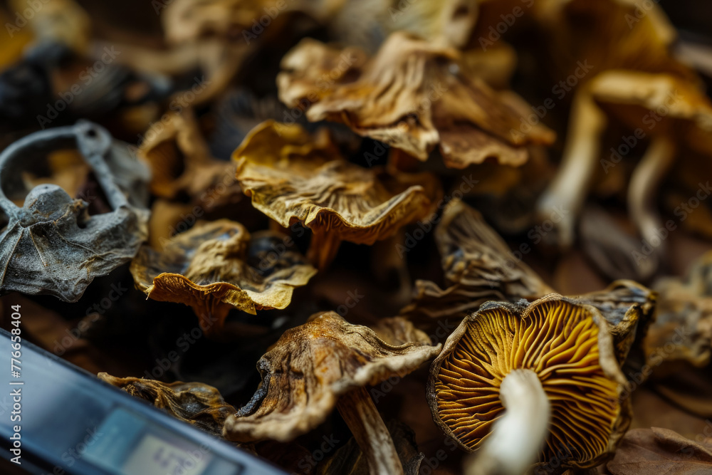 Mushrooms and scales. Backdrop with selective focus and copy space Mushrooms and scales. Backdrop with selective focus and copy space
