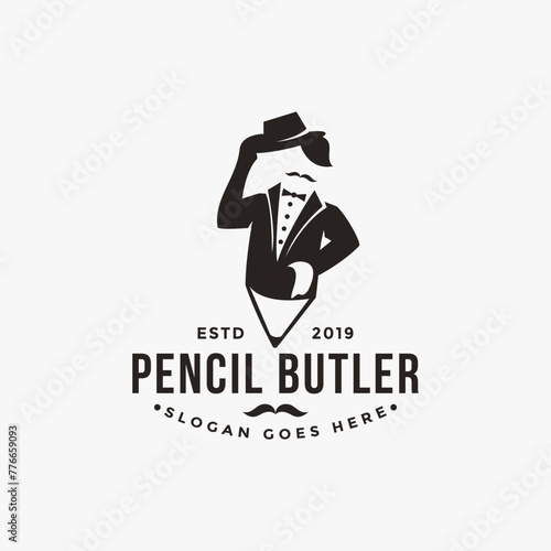 Simple modern vintage hipster of butler and pencil logo icon vector template on white background