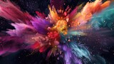 A dynamic explosion of colorful digital particles creating a lively and energetic abstract composition