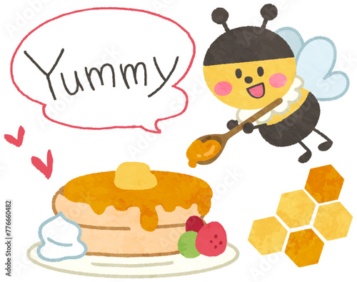 パンケーキと可愛いミツバチのカットイラスト