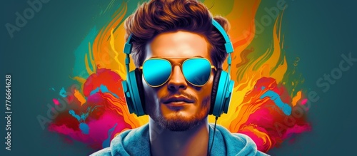 A man wearing headphones and sunglasses on his face, enjoying music or communication, expressing style and cool vibe