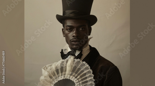 In this portrait a black man wears a fitted frock coat and top hat embodying the refined style of Victorian gentlemen. However his choice of accessories including a lace ascot and .