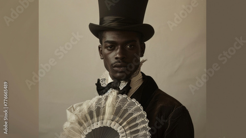 In this portrait a black man wears a fitted frock coat and top hat embodying the refined style of Victorian gentlemen. However his choice of accessories including a lace ascot and . photo