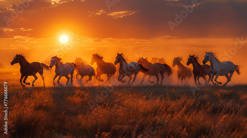 Wild horses gallop across prairie at sunrise  dust in golden light