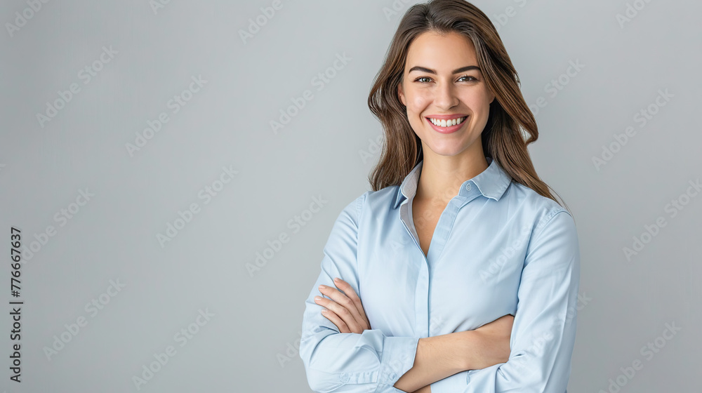 Happy young smiling confident professional business woman wearing blue shirt, pretty stylish female executive looking at camera, standing arms crossed isolated at gray background, Generative AI Happy young smiling confident professional business woman wearing blue shirt, pretty stylish female executive looking at camera, standing arms crossed isolated at gray background, Generative AI