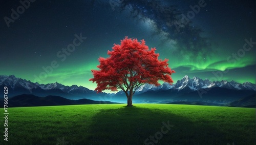 A single red tree stands in a grassy field with mountains in the distance and an aurora in the sky.