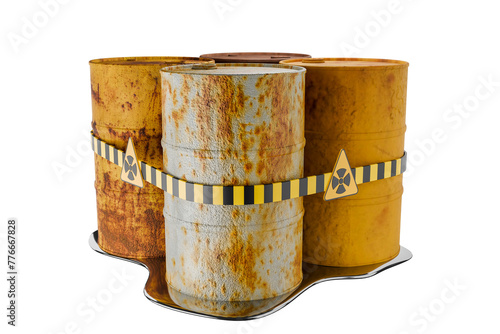 Chemical and radiological oil tanks, old rusty metal tanks with danger signs, oil spills or liquid objects in the crude oil industry. 3D illustration, realistic rendering, cutting path.