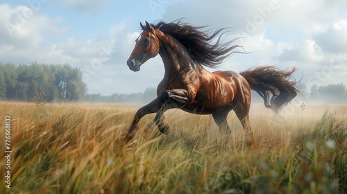 Horse Galloping in Open Fields, Freeze the exhilarating movement of a horse galloping freely in an open field, mane and tail flowing in the wind photo