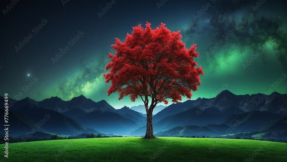 A single red tree stands in a grassy field with mountains in the distance and an aurora in the sky.

 - obrazy, fototapety, plakaty 