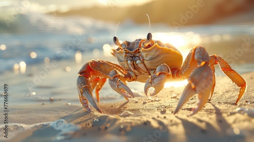 Crab Crawling Across Sandy Beach, Freeze the sideways scuttle of a crab as it crawls across a sandy beach, its shell glistening in the sunlight photo