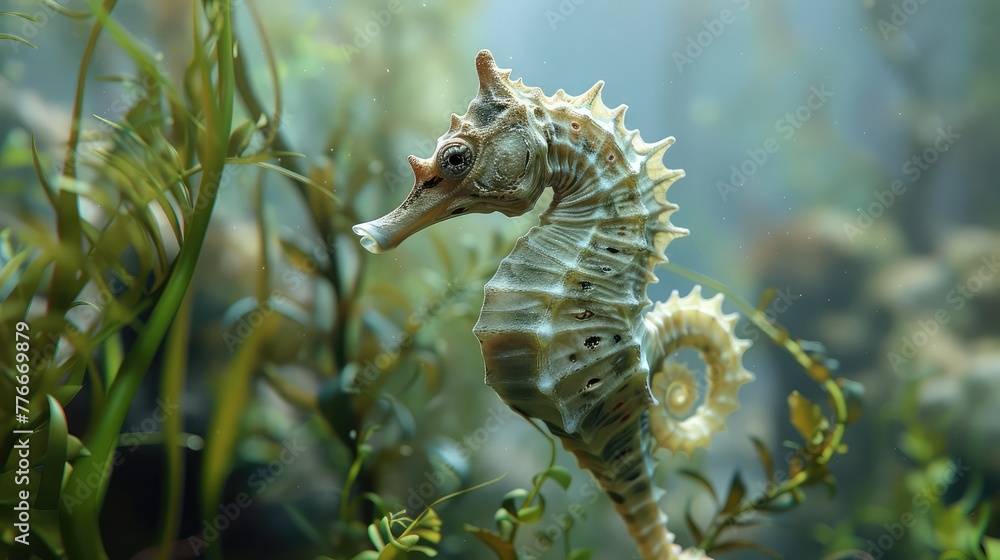 Seahorse Clinging to Seaweed, Capture the delicate grace of a seahorse as it clings to swaying seaweed, blending seamlessly into its underwater habitat