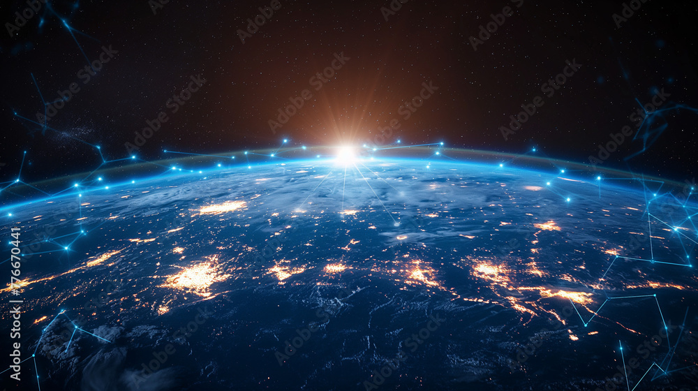 Global communication network around planet Earth in space, worldwide exchange of information by internet and connected satellites for finance.