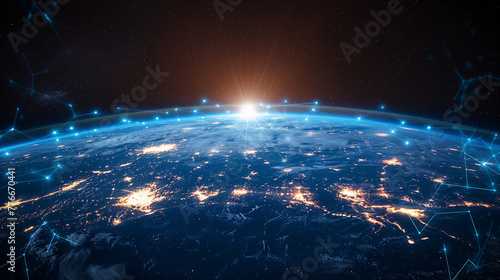 Global communication network around planet Earth in space, worldwide exchange of information by internet and connected satellites for finance.