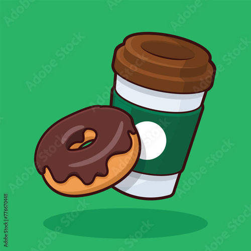 Cup of coffee and a chocolate donut cartoon illustration