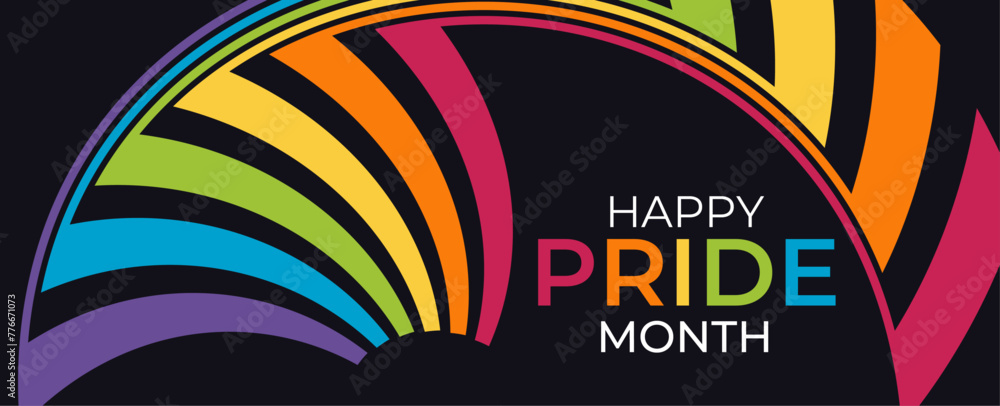 Happy Pride month text and rainbow pride ribbon roll make heart shape on dark background vector design. theme for t shirt, stickers, background, banner, poster, greeting card, printables, print ads.