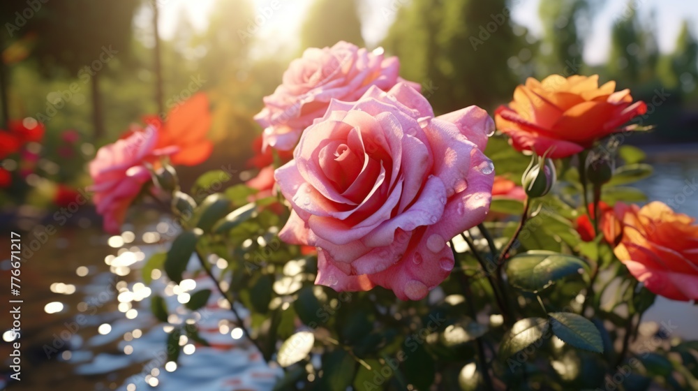 Colorful roses flowers bloom in the garden on blurred greenery background. Colorful roses flowers bloom in the garden on blurred greenery background.