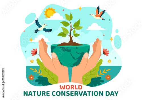 World Nature Conservation Day Vector Illustration with World Map, Tree and Eco Friendly Ecology for Preservation in Flat Cartoon Background