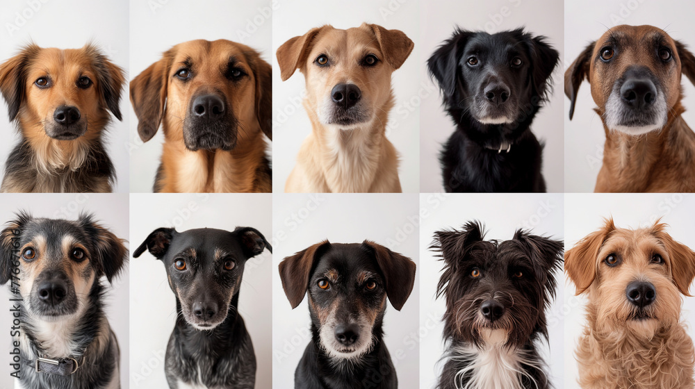 happy dog and puppy with front portrait on white background with many species of dog, animal, and pet concept