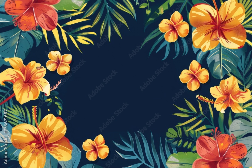 Lush tropical flowers framing a central deep blue space, perfect for summer themes with vibrant hibiscus and frangipani