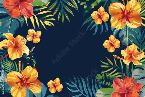 Lush tropical flowers framing a central deep blue space, perfect for summer themes with vibrant hibiscus and frangipani