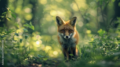 Fox Prowling Through Forest, Capture the stealthy movements of a fox as it prowls through the forest, its eyes focused and ears alert