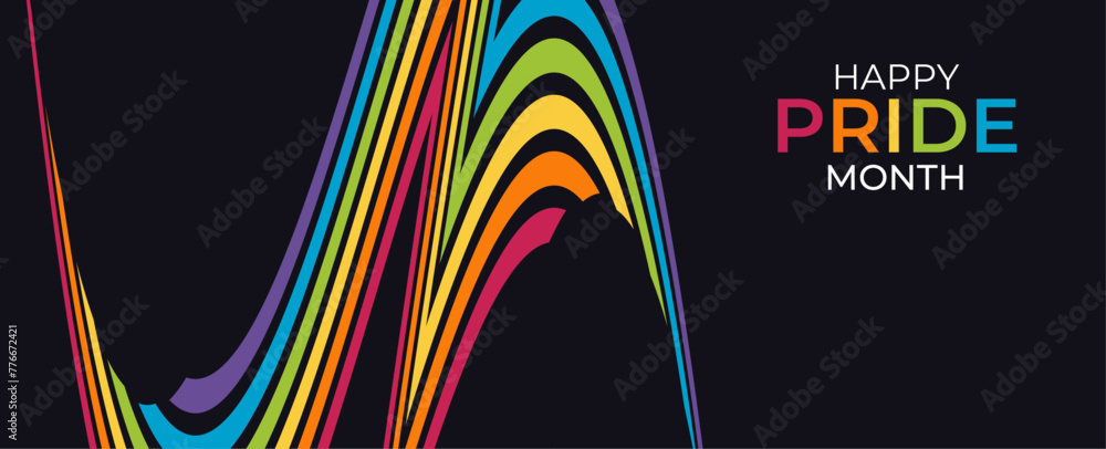 Happy Pride month text and rainbow pride ribbon roll wave on circle dot ...