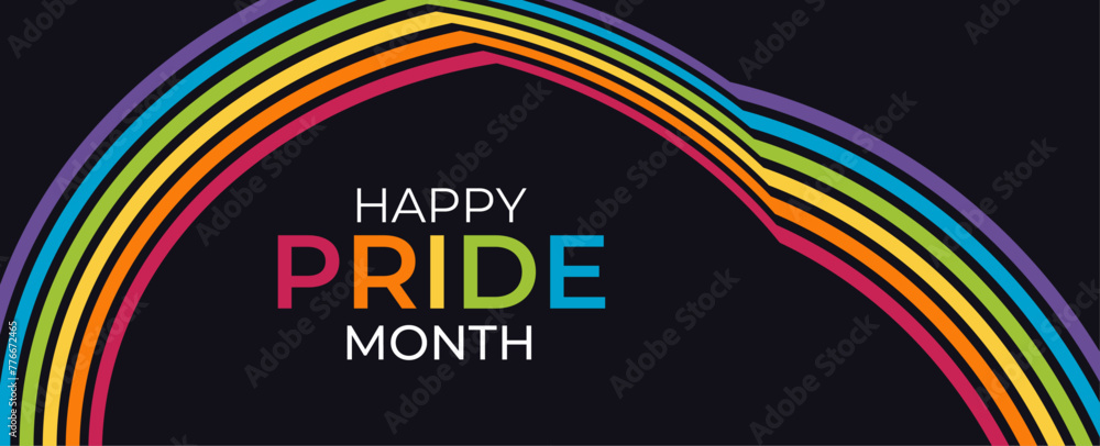 Happy Pride month text and rainbow pride ribbon roll wave on circle dot texture and dark background vector design. stickers, background, banner, poster, greeting card, printables, print ads, signs.