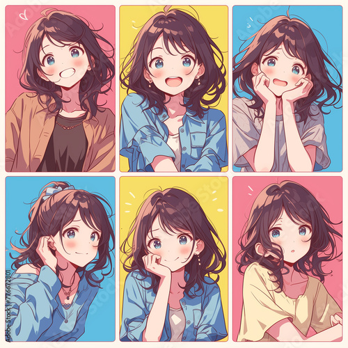 anime illustration of a young woman with different facial expressions, anime panel