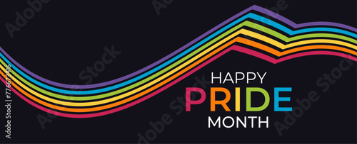 Happy pride month paper text and rainbow gradient brush strokes on black background. Human rights or diversity concept. LGBT event banner design. banner, poster, campaigns, USA. Vector illustration