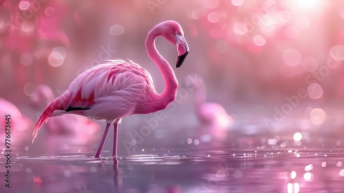 Flamingo's Graceful Pose, Freeze a flamingo in its iconic one-legged pose, standing tall in shallow water against a backdrop of pink hues © jamrut