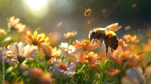 Bee Pollinating Vibrant Flowers  Capture the industrious nature of a bee as it flits from flower to flower  pollinating and gathering nectar