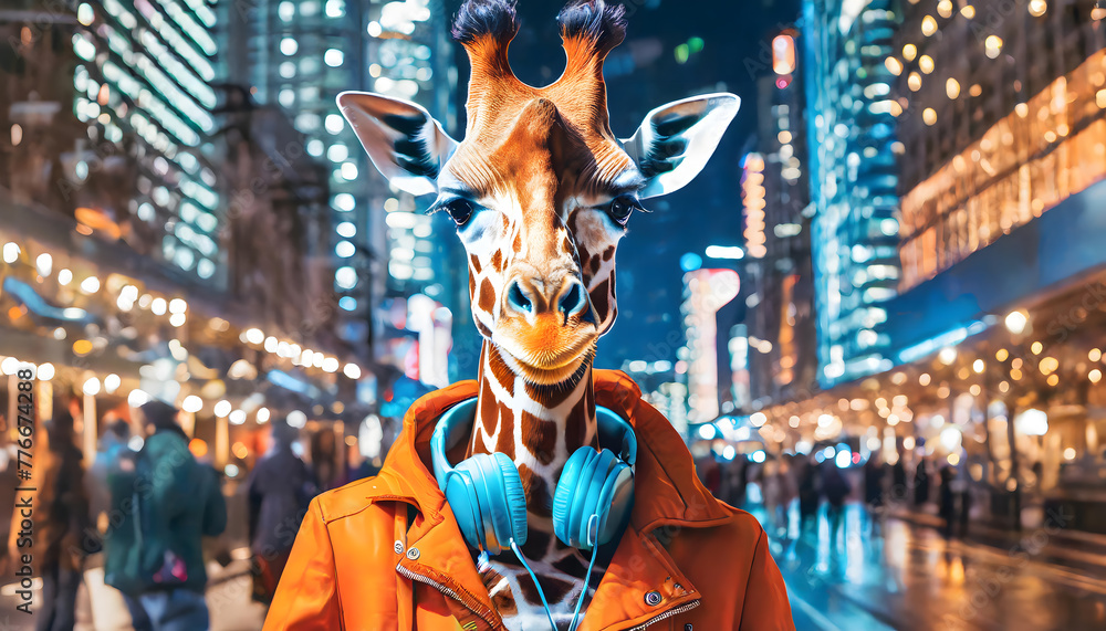 Giraffe in raincoat enjoys the rainy cityscape with music	
