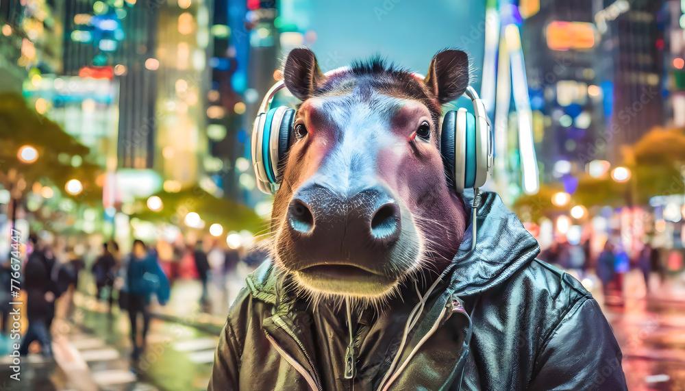 Contemporary hippo with headphones in neon-lit city environment Contemporary hippo with headphones in neon-lit city environment